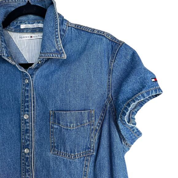 Vintage Tommy Hilfiger Y2K Denim Mini Dress Pearl Button Front Western Size 14 - Picture 5 of 15